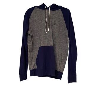American Eagle Outfitters Mens Gray Navy Raglan Sleeve Graphic Hoodie Size L